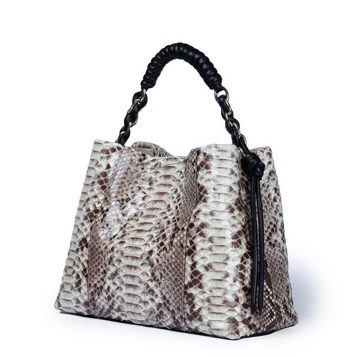 Roberta Gandolfi Amina Pitone large borsa a mano in pitone e finiture in pelle di vitello con manico tubolare fasciato e tracolla staccabile I Più Venduti
