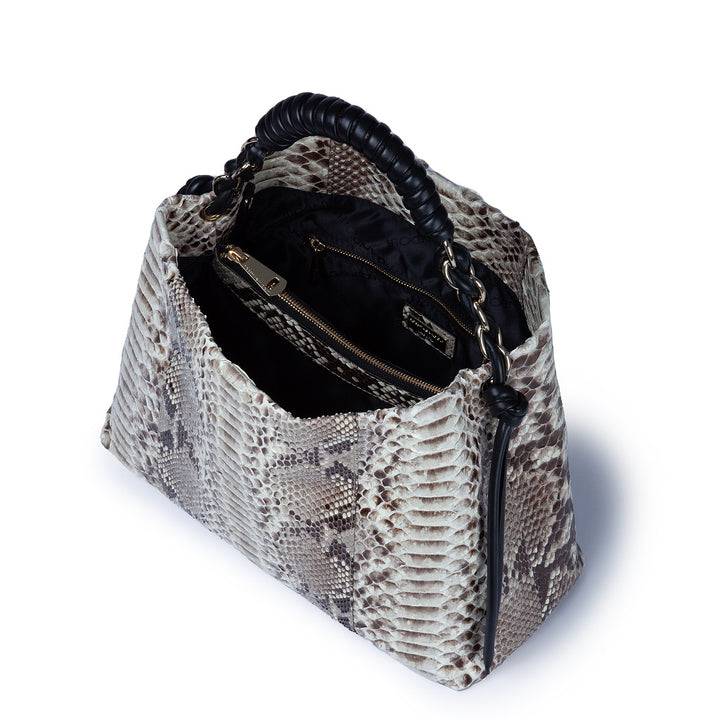 Roberta Gandolfi Amina Pitone large borsa a mano in pitone e finiture in pelle di vitello con manico tubolare fasciato e tracolla staccabile I Più Venduti
