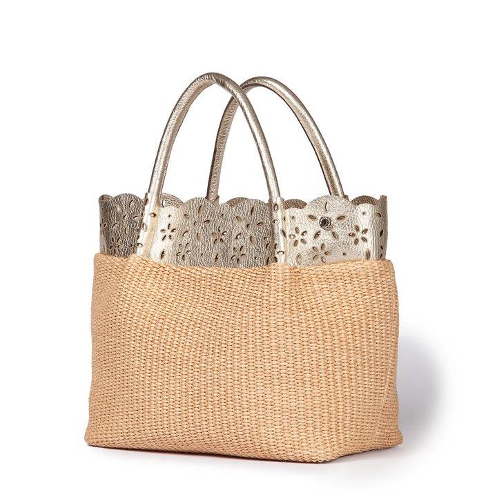Roberta Gandolfi Diletta Handbag in rafia con balza in pelle laserata con tracolla staccabile Italy