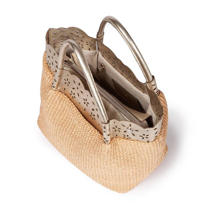 Roberta Gandolfi Diletta Handbag in rafia con balza in pelle laserata con tracolla staccabile Italy