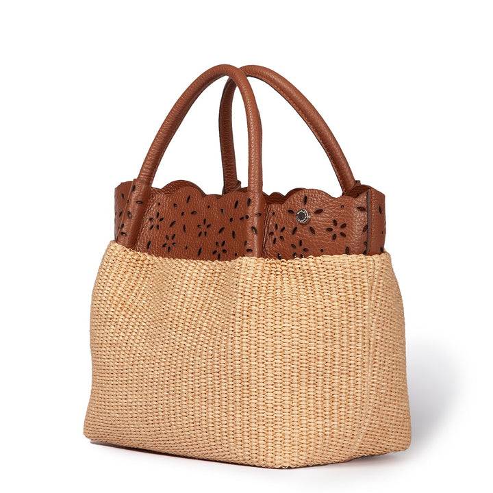 Roberta Gandolfi Diletta Handbag in rafia con balza in pelle laserata con tracolla staccabile Italia