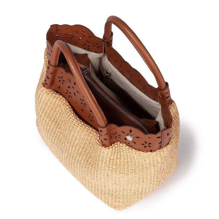 Roberta Gandolfi Diletta Handbag in rafia con balza in pelle laserata con tracolla staccabile Italia