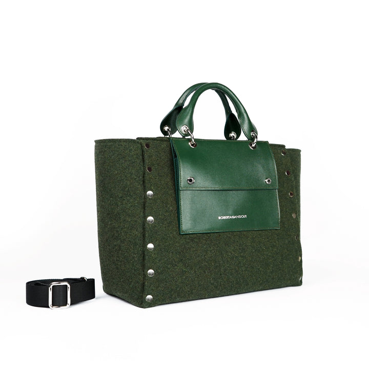 Roberta Gandolfi Rachele Large handbag borsa a mano in tessuto di lana riciclata e finitura in pelle con tasca staccabile Offerta temporanea