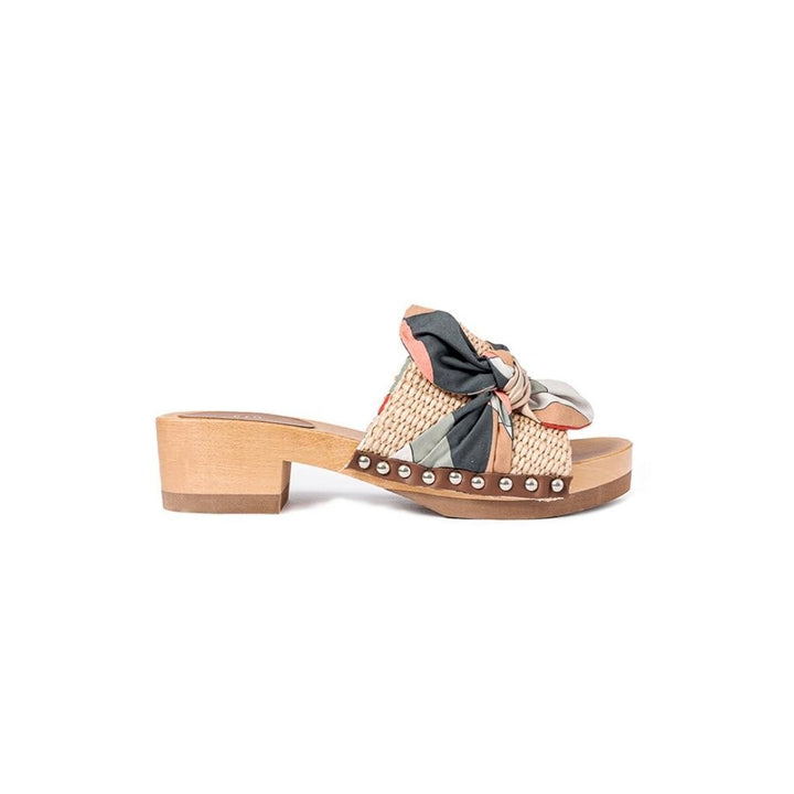 Roberta Gandolfi Lola Sixty sandali in legno con rafia e pelle di vitello con fiocco stampa sixty Only for today