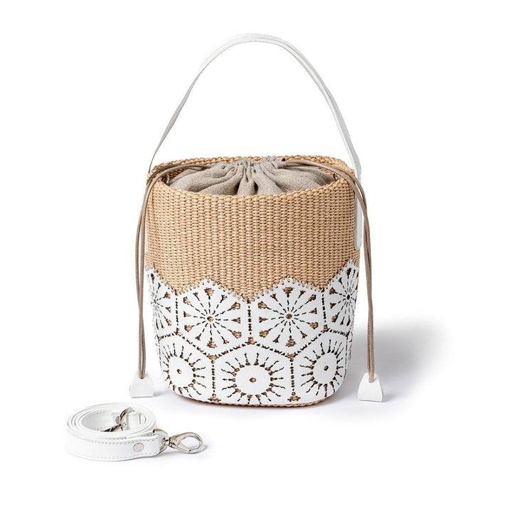 Roberta Gandolfi Giulia Bucket in rafia e pelle il pannello tagliato al laser è interamente cucito a mano con tracolla staccabile 50% di sconto con spedizione gratuita