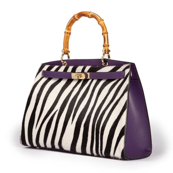 Roberta Gandolfi Lola Pony Large borsa in pelle stampa animalier con manico in vero legno di bambù e tracolla staccabile In vendita