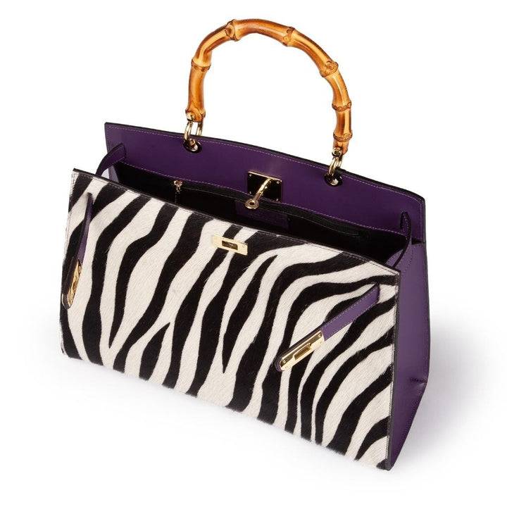 Roberta Gandolfi Lola Pony Large borsa in pelle stampa animalier con manico in vero legno di bambù e tracolla staccabile In vendita