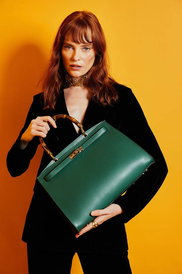 Roberta Gandolfi Lola Pony Large borsa in pelle stampa animalier con manico in vero legno di bambù e tracolla staccabile In vendita