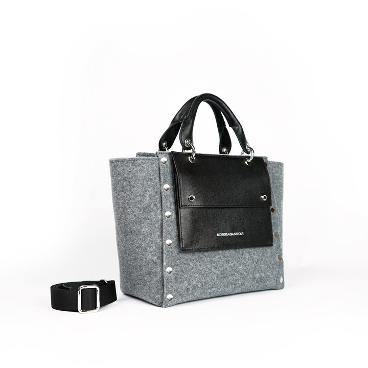 Roberta Gandolfi Rachele handbag borsa a mano in tessuto di lana riciclata e finitura in pelle con tasca staccabile Presa
