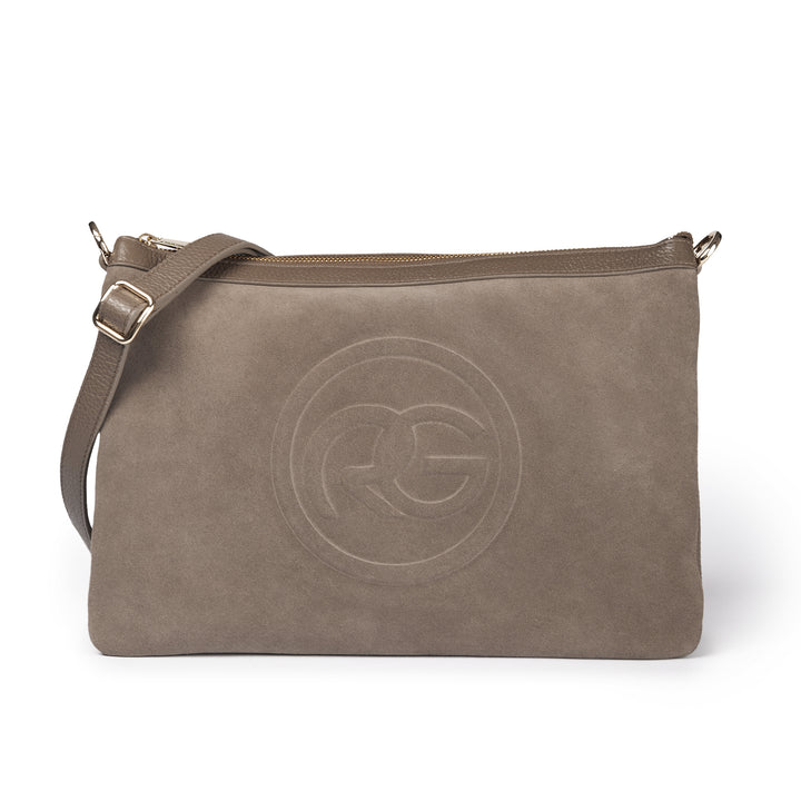 Roberta Gandolfi Alice large borsa in camoscio e pelle martellata con tracolla regolabile e staccabile Saldi Di Fabbrica