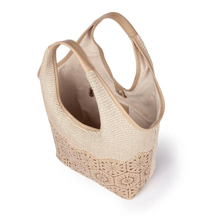 Roberta Gandolfi Giulia Hobo in rafia e pelle il pannello tagliato al laser è interamente cucito a mano Offerta esclusiva