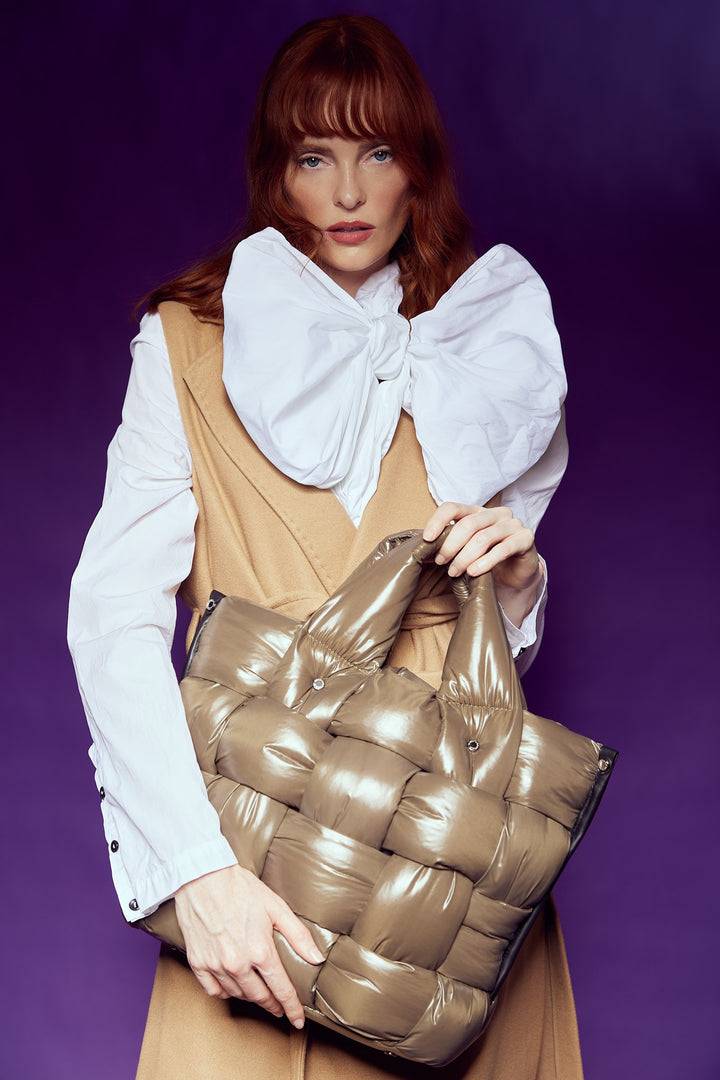 Roberta Gandolfi Greta large borsa in tessuto antigoccia imbottita ed intrecciata a mano con finiture in pelle In vendita