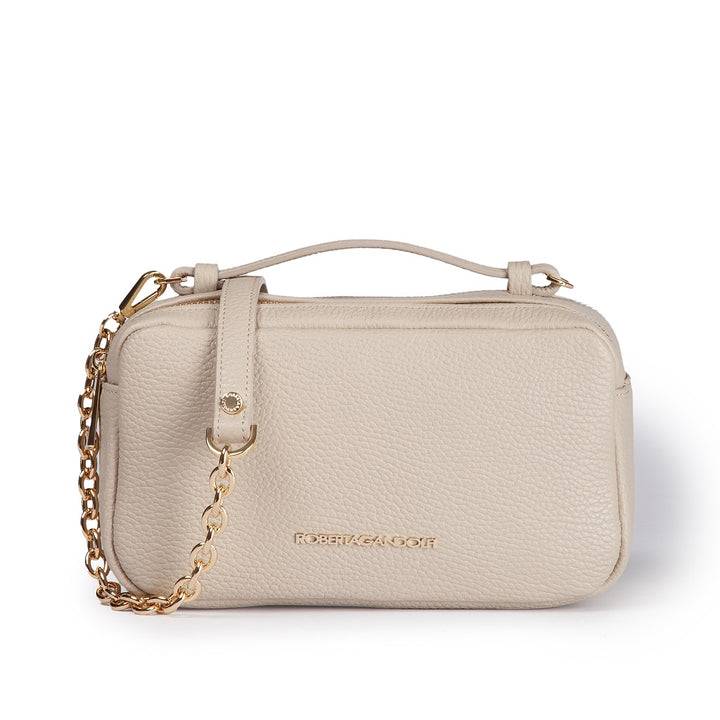Roberta Gandolfi Brigida camera borsa in pelle con doppio scomparto e tracolla in catena dorata con spallaccio protettivo in pelle Offerta Giorno del Papà