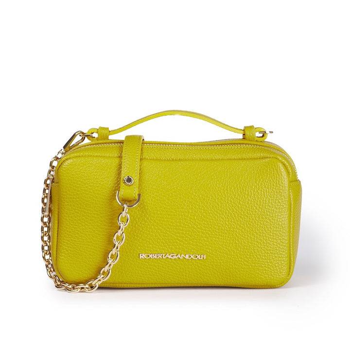 Roberta Gandolfi Brigida camera borsa in pelle con doppio scomparto e tracolla in catena dorata con spallaccio protettivo in pelle Offerta Anniversario