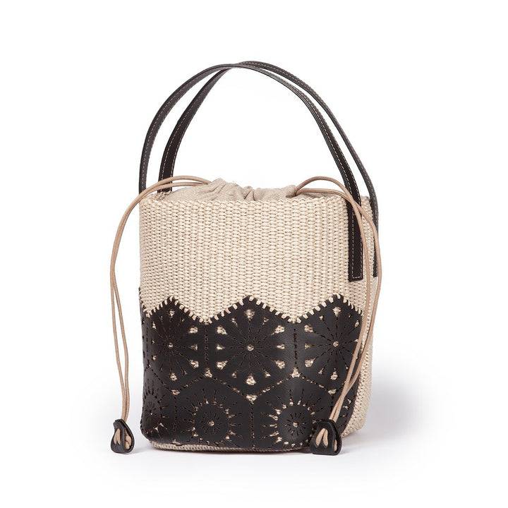 Roberta Gandolfi Giulia Bucket in rafia e pelle il pannello tagliato al laser è interamente cucito a mano con tracolla staccabile Vendita
