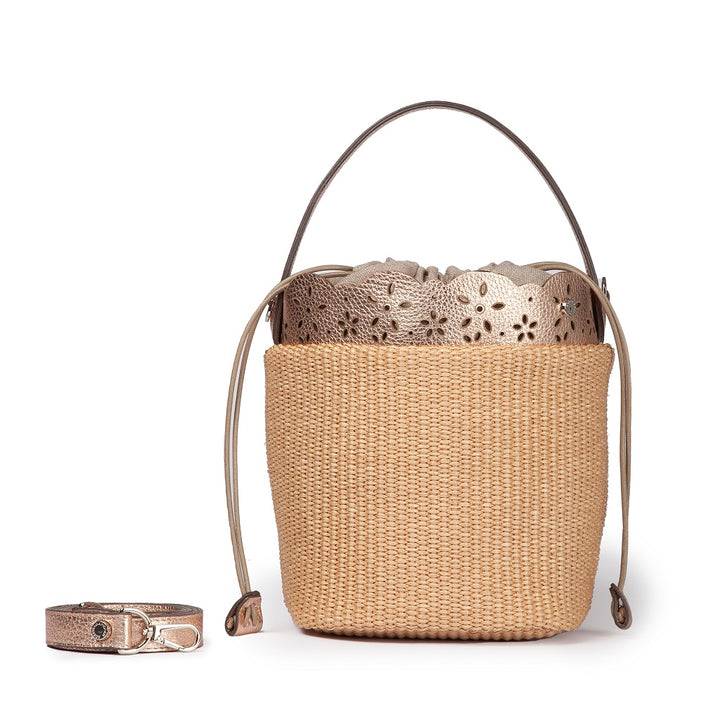 Roberta Gandolfi Diletta Bucket in rafia con balza in pelle laserata con tracolla staccabile Vendite Flash