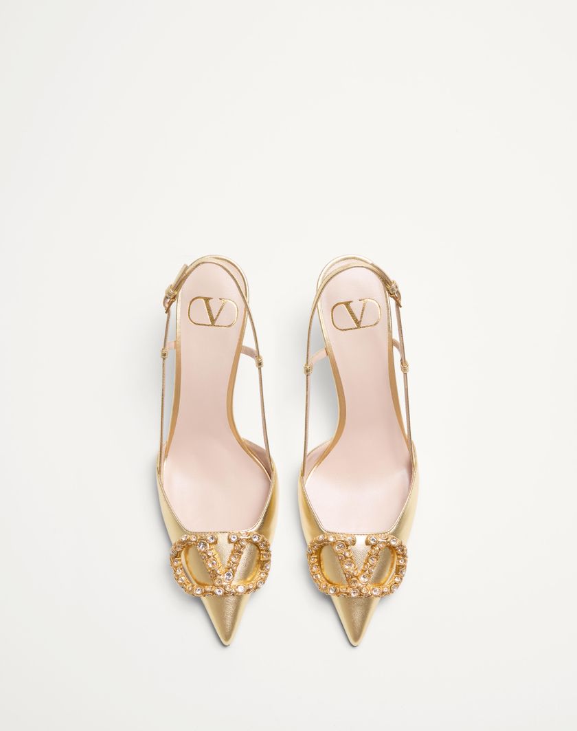 Valentino Handbags Décolleté Slingback Vlogo Signature In Nappa Laminata 80mm per Donna in Antique Brass | Valentino IT Online