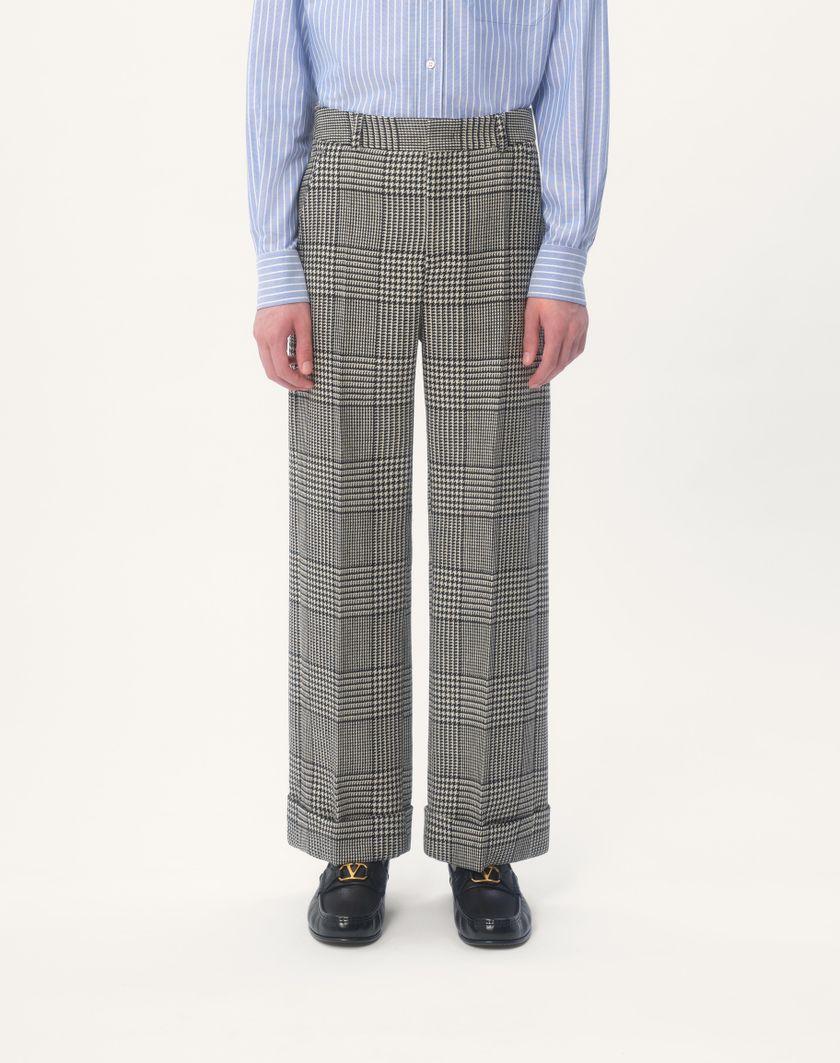 Valentino Handbags Pantalone In Lana Con Risvolto Con Motivo Check Su Pied De Poule per Uomo in Avorio/nero | Valentino IT Vendita Economica