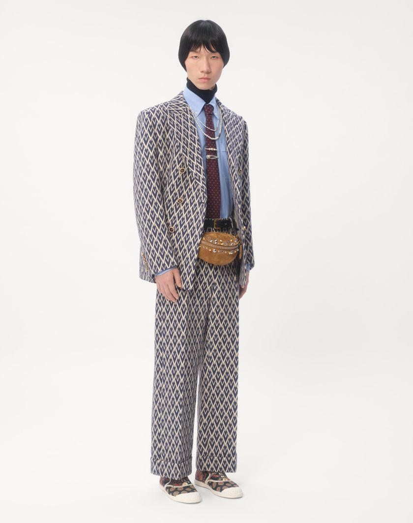 Valentino Handbags Pantalone In Lana Con Risvolto Con Motivo Jacquard Toute La V per Uomo in Notte/crema | Valentino IT Nuovo