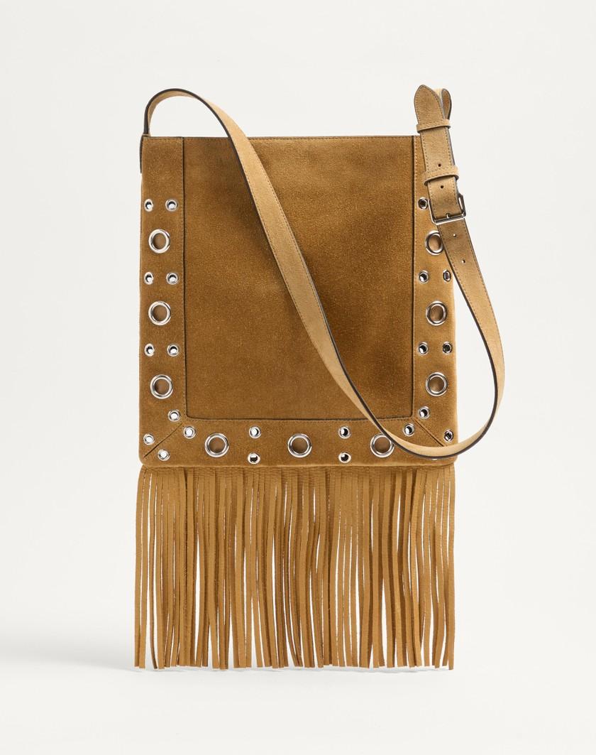 Valentino Handbags Borsa A Spalla Valentino Garavani Nellcôte In Suede Con Frange per Uomo in Havana Beige | Valentino IT In Vendita