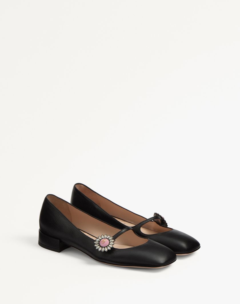 Valentino Handbags Ballerina Mary-jane Preshoes In Capretto Con Bottone Gioiello 20mm per Donna in Nero/rosa | Valentino IT Saldi Di Fabbrica