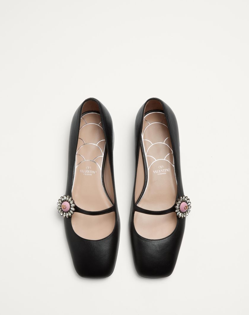 Valentino Handbags Ballerina Mary-jane Preshoes In Capretto Con Bottone Gioiello 20mm per Donna in Nero/rosa | Valentino IT Saldi Di Fabbrica