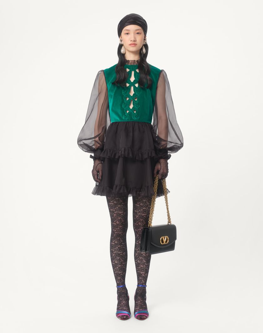 Valentino Handbags Abito Corto In Organza Ricamato per Donna in Nero/verde | Valentino IT Spedizione Gratuita