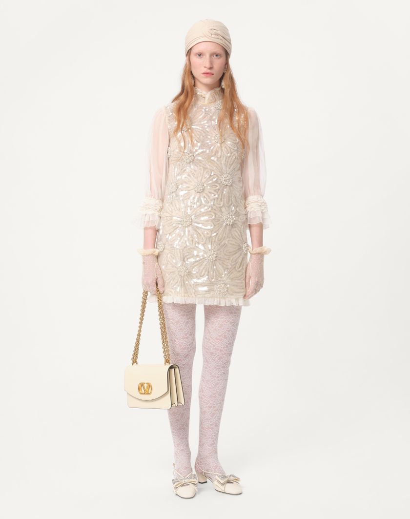 Valentino Handbags Abito Corto In Organza Ricamato per Donna in Grigio Perla | Valentino IT Qualità Garantita
