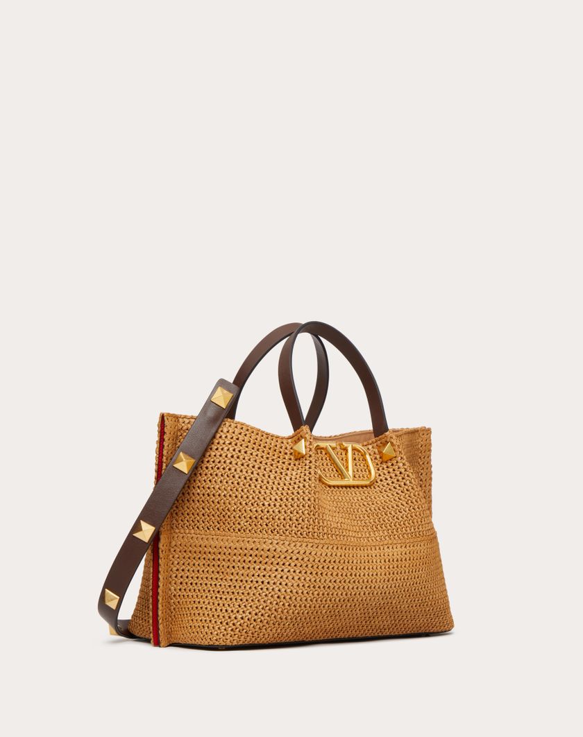 Valentino Handbags Borsa Shopping Media In Rafia Sintetica per Donna in Biscotto/cioccolato | Valentino IT In Linea