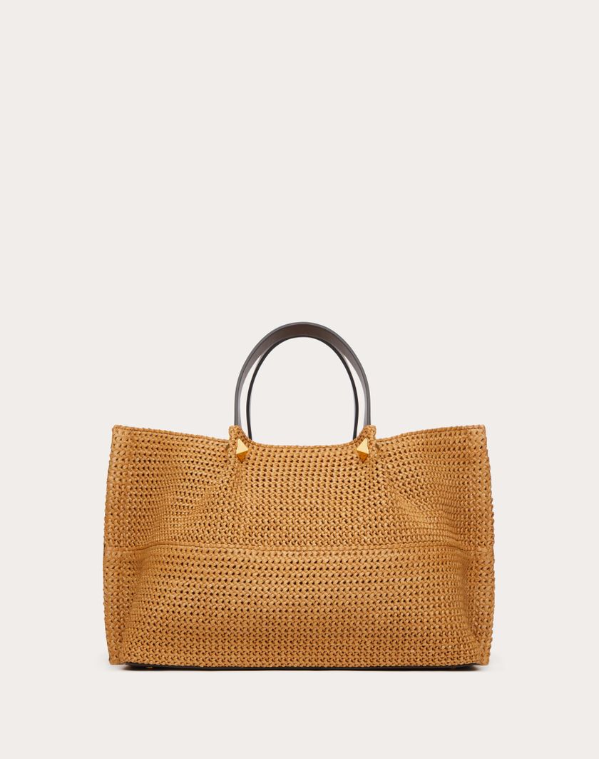 Valentino Handbags Borsa Shopping Media In Rafia Sintetica per Donna in Biscotto/cioccolato | Valentino IT In Linea