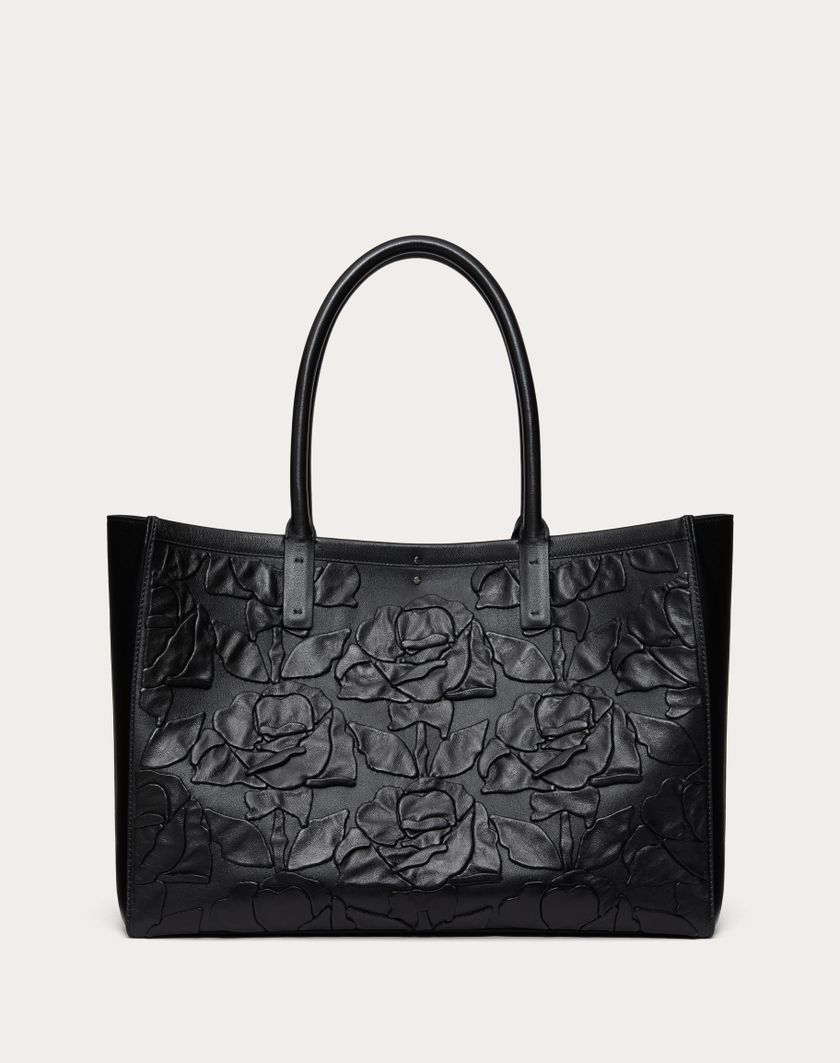 Valentino Handbags Borsa Shopping Media Vlogo Locker Tote In Pelle Con Rose Ricamate per Donna in Nero | Valentino IT Vendita