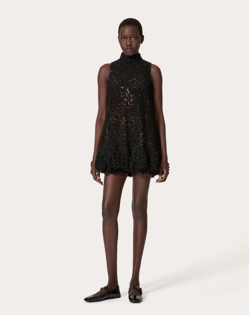 Valentino Handbags Abito Corto In Tulle Illusione Ricamato per Donna in Nero | Valentino IT Sottocosto