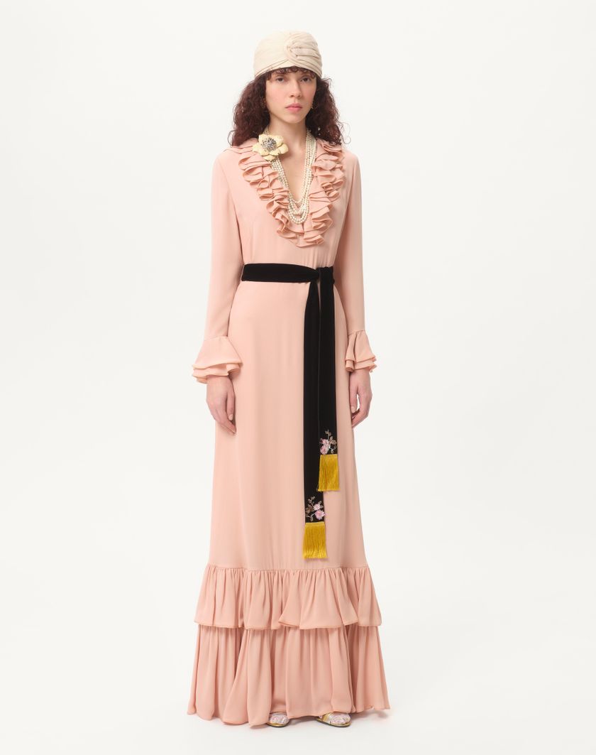 Valentino Handbags Abito Lungo In Georgette Ricamato per Donna in Rose Mist | Valentino IT Affare Del Giorno